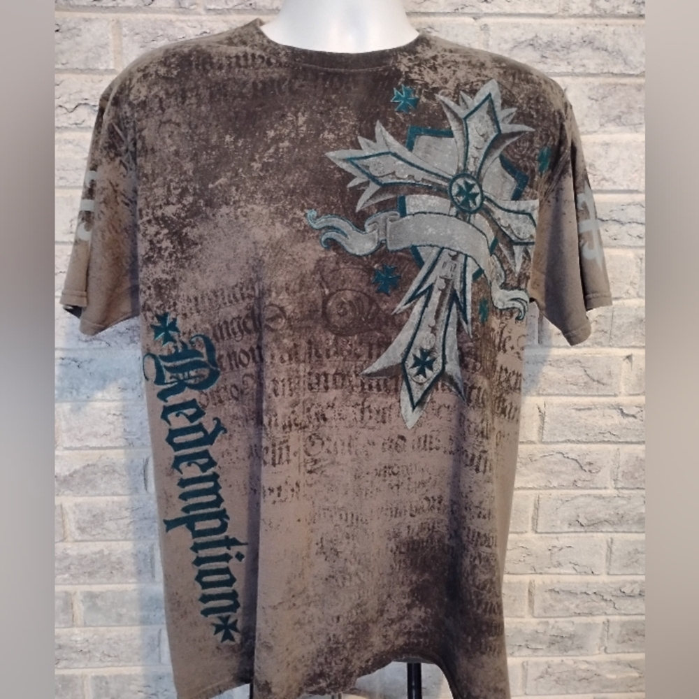 Raw State "Redemption" Skull Wings Cross Y2K Grunge Biker T-Shirt Men's L Afflic